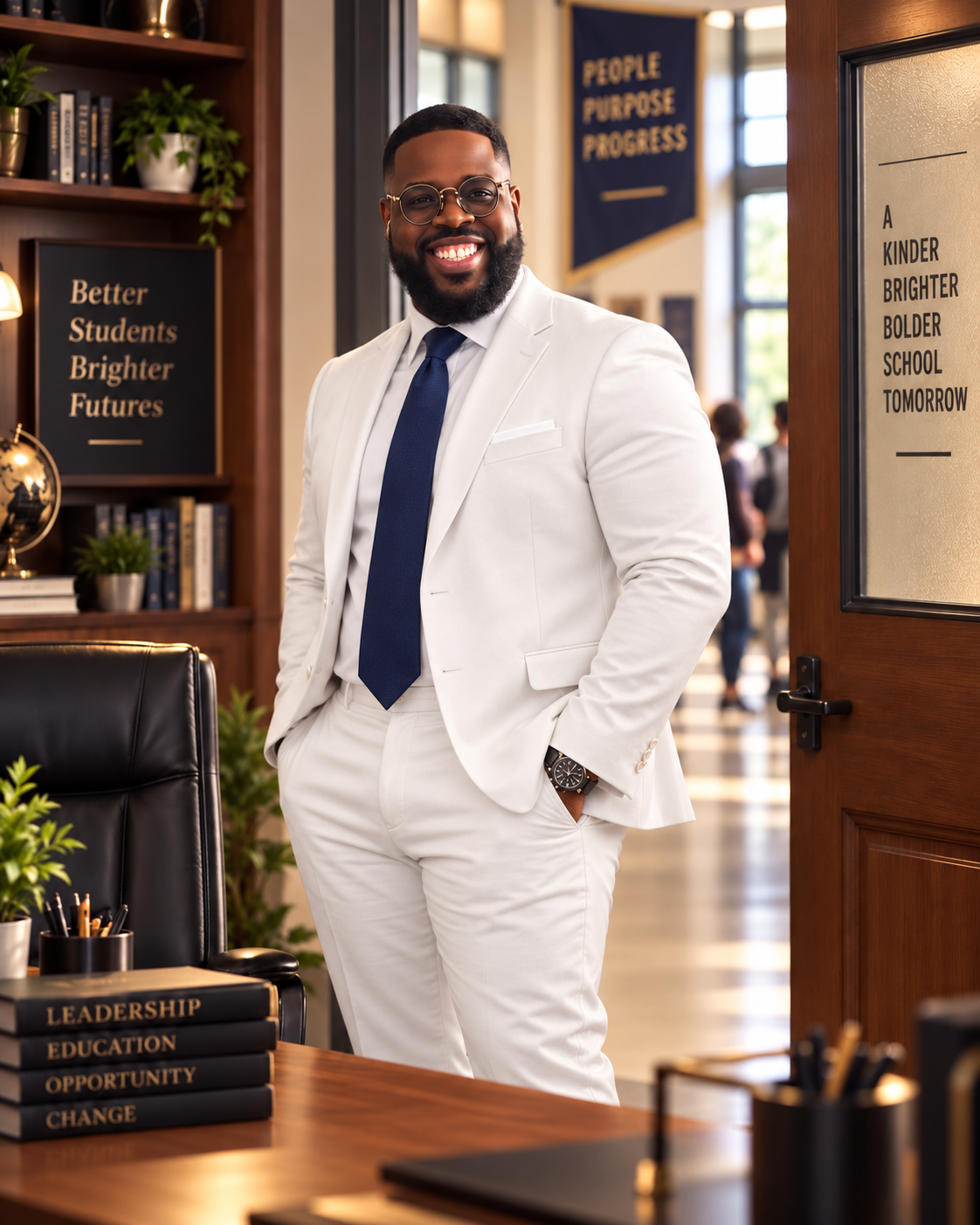 Apostle Dr. Curtis T. Crosland Jr. wearing a white suit and navy blue tie