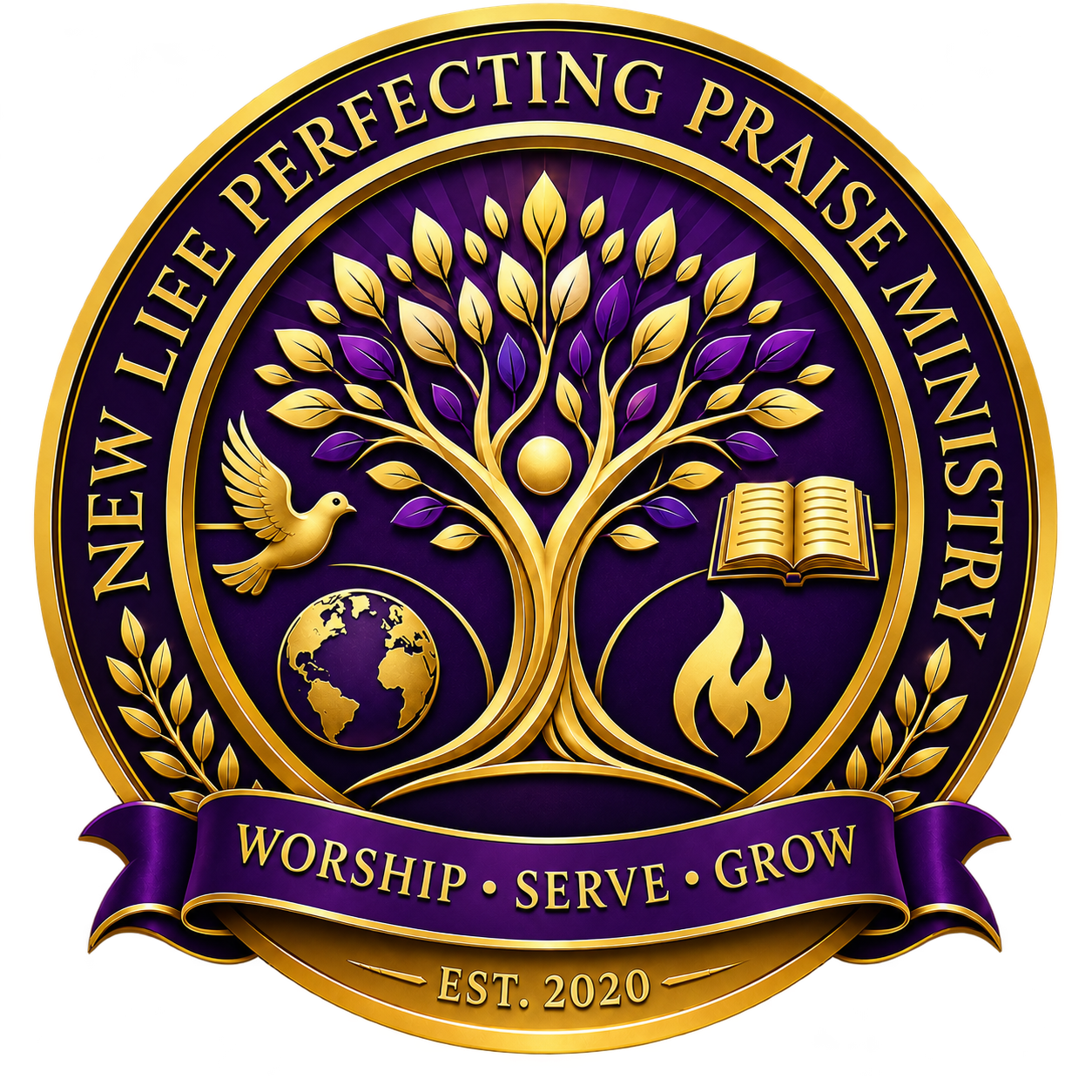 New Life Perfecting Praise Ministries official church seal. Worship, Serve, Grow. Established 2020.